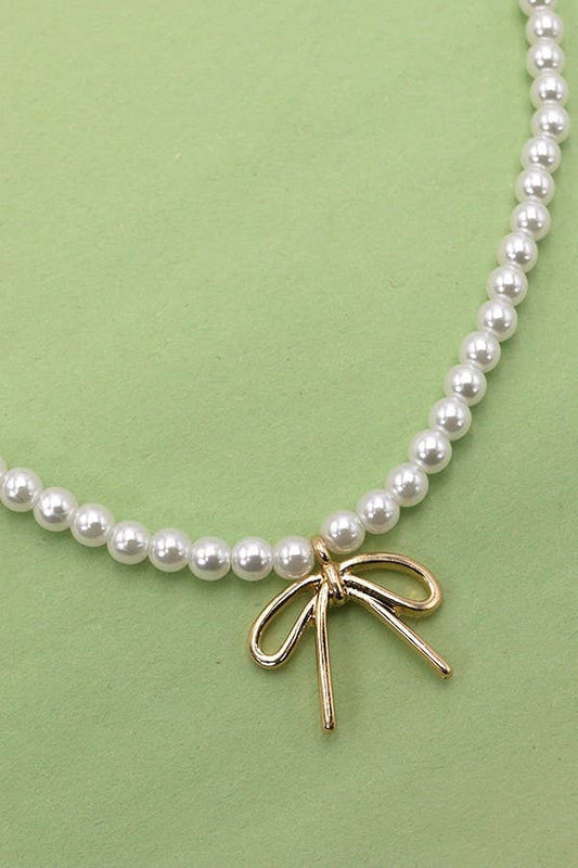 PEARL CHAIN BOW CHARM NECKLACE | 80N342